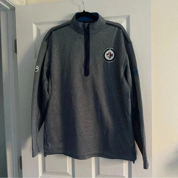 Size L Men's Fanatics Heathered Navy Winnipeg Jets Quarter-Zip Jacket - Picture 4 of 7